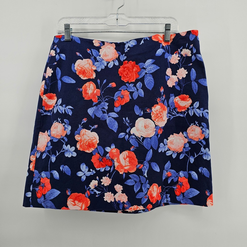 Talbots A-Line Skirt Womens 12 Navy Blue Pink Orange Floral Rose Stretch Cotton